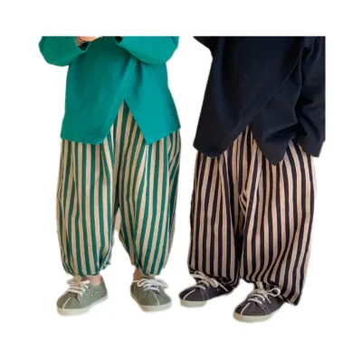 2025 Children's Spring and Autumn Cotton and Linen Vertical Strip Bloomers Loose Style Nine-point Pants Casual Pants