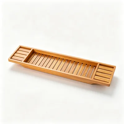 Compact Light Wood Long Storage Rack Drainage Tray for Vanity Counter Shower Area Bathtub Edge and Sink Side