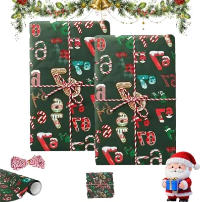 Christmas Gift Wrapping Paper Roll Green Base Candy Cane Digital Print Holiday Wrapping Paper for Xmas Present Packing