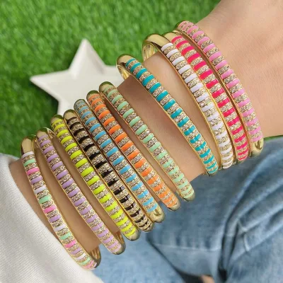 Latest design Sparkling zircon pave bright color bangle copper with enameled baked summer bracelet for women