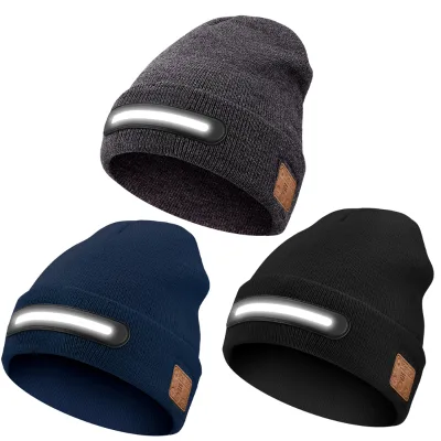 Headlight LED Hat Headphones Unisex Winter Warm Knit Beanie Rechargeable Headlamp White Light USB-Chargeable Glow Camping Cap