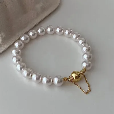 Hot Selling Light Luxury High-end 8mm Imitation Pearl Gold Plated Waterproof Magnet Gold Fashion Beaded Bracelet Bangles