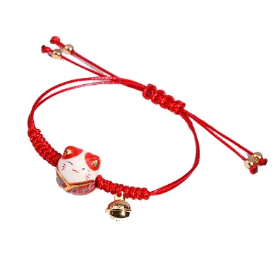 Women's Hand-Woven Ceramic Lucky Cat Charm Bracelet Couple Gift for Mama