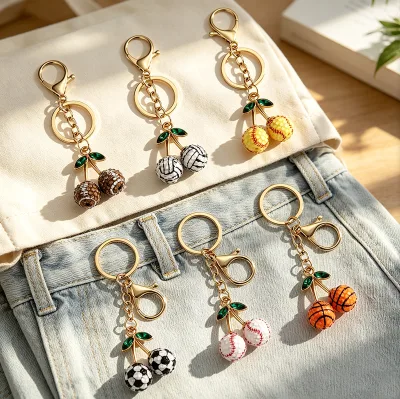 Sports Ball Cherry Keychain Baseball Basketball Soccer Volleyball Football Charm Keychain Fruit Bag Pendant Fashion Key Ring