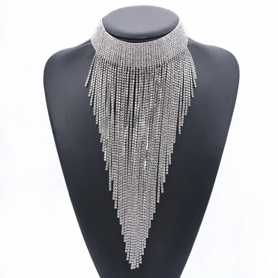 Women's Anniversary Trendy Crystal Rhinestone Box Chain Collarbone Necklace with Long Tassel Statement Silver/Gold Plated Alloy
