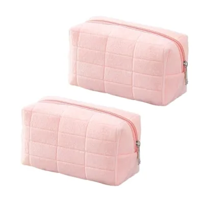 Fashion Striped Velvet Cosmetic Bag with Zipper Closure Makeup Organizer