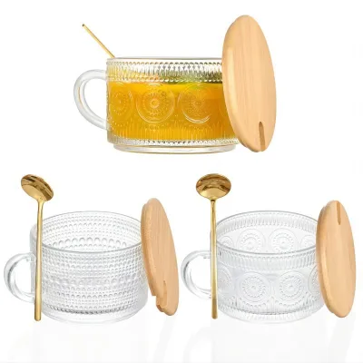 Wholesale Embossed Glass Coffee Cup Classical Pattern Breakfast Mug Crystal Glass Water Cup with Wooden Lid