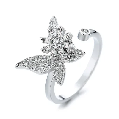 Fidget Spinner Ring Zircon butterfly Rotating  Ring Adjustable Ring for Women