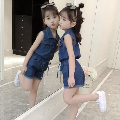 Girls summer denim suit fashion denim shorts thin sleeveless two-piece suit girls' sleeveless clothing sets