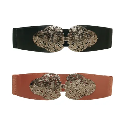 Fashionable Retro-style Decorative Dress Adjustable Elastic Waistband Hollow Carved Bronzetoned Belt Featuring Pin Buckle