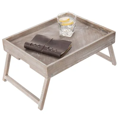 Hot Selling Multi-functional French Country Style White Washed Dark Brown Wooden Breakfast Tray Living Room Tableware Beverage