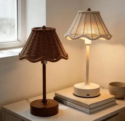 Rattan Hotel Table Lamp Rechargeable Dimmable Included Natural Home Decor Lighting for Living Room Office Home Restaurant