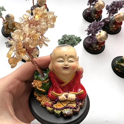 Natural Chakra Crystal Tree with a Cute Monk Luck Handmade Crafts Money Quartz Fortune Tree