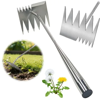 6 Teeth Dual Head Stainless Steel Hand Garden Weeding Rake, Weed Remover Tool Weed Puller Tool