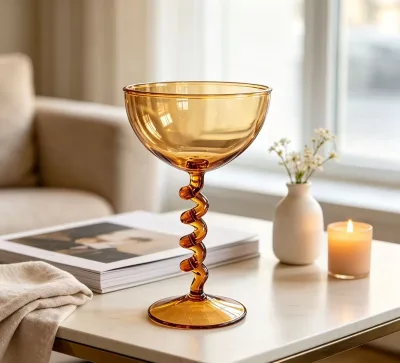 OEM/ODM Custom Amber Glass Goblet Vintage Glass Drinking Cup Spiral Stemmed Glass Cup for Home Bar Restaurant Party glassware