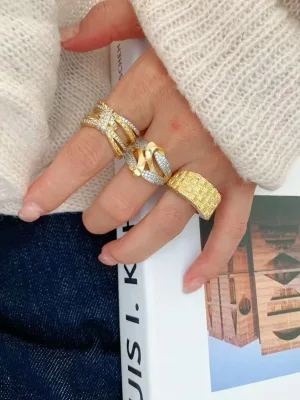 18K Gold Plated Vintage Copper Ring Two Tone Micro Zircon Inlaid Irregular Cross Knot Design for Wedding Gift