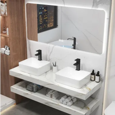 Centurymosaic White Wall Mounted Double Sink Sintered Stone Bathroom Vanity Rock Slab Bathroom Cabinet Set with Smart Mirror
