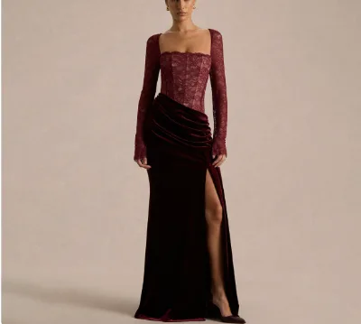 Spring 2026 Stitching Glass Yarn Floor-Length Solid Large Swing Sleeve Long Lace Velvet Slit Regular Fit Dress Women's Dresses