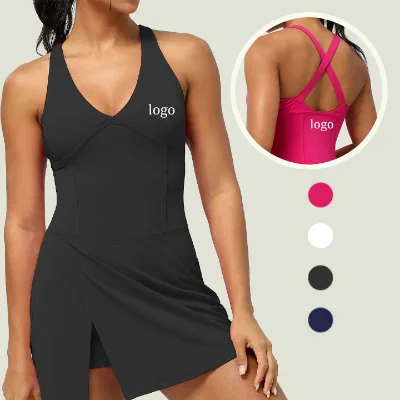 Deep V Neck Sleeveless Workout Dress Slim Waist A-Line Yoga Dress Halter Cross Back One Piece Dress