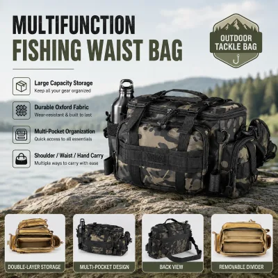Large Oxford Fishing Tackle Waist Bag Double Layer Storage Pack With Removable Divider Multi Pocket Crossbody Shoulder Carry