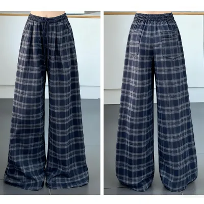 Women's Plus Size Plaid Pants Autumn Casual Mid Waist Drawstring Flat Baggy Trousers Loose Fit Digital Printing Plain Dyed