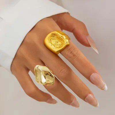 European American Style Women's Ins Open Ring Stainless Steel Cross-Border Concave-Convex Design Wrinkled Irregular Square Ring