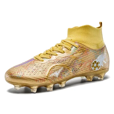 High Top Soccer Cleats Breathable Knit Upper Sock Collar Anti Slip TPU Outsole Lightweight Football Boots for Artificial Grass