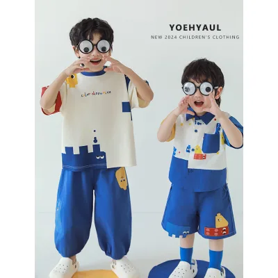 YOEHYAUL Boys 2024 Summer Shirt Printed Round Neck T-shirt Nine-point Wide-leg Pants Toy Brick Series Set FN0144 FN0146 FN0147