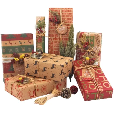 Sheets Christmas Wrapping Paper Set Starch Coated Eco-Friendly Recycled Mechanical Pulp Kraft 10 Tags 10m Twine 6 Vintage