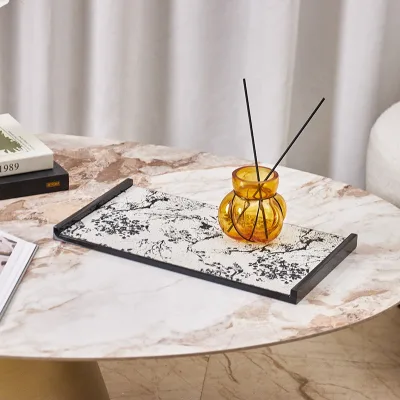 Luxury Piano Finish Leather Serving Tray Artistic Marble-Effect Customized Color Logo Modern Style Multifunction Design for