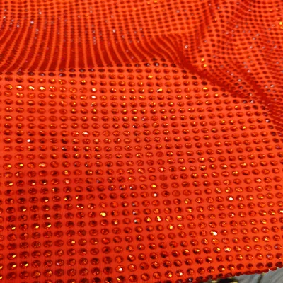 High Quality Full Rhinestone Covered Orange Rhinestone Mesh Fabric Elastic Crystal for Dress