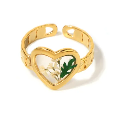 New Stainless Steel Color Glaze Resin Dry Flower love Opening Adjustable Ring