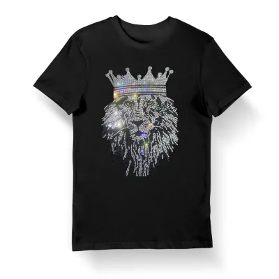 High Quality Blank Free Sample T-shirt Short Length Neck Collar New Model lion Rhinestone Transfer Design t Shirt Supplier