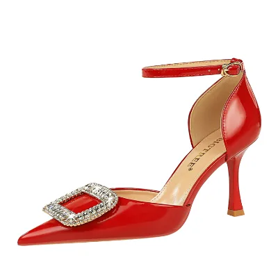 Bridal Female Summer High Heels Pointed Toe Mesh Lining Breathable Anti-Slip Design Flat Metal Rhinestone Buckle 5-8cm Thin