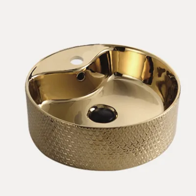 Modern Lavandino CORONIS Counter Mounting Ceramic Vessel Sink Bowl Electroplated Gold Finish Scratch Resistant Easy Clean 9L