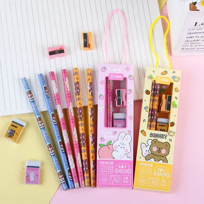 Wholesale 5 in 1 Cartoon Stationery HB Wooden Pencil Set With Sharpener Eraser Portable Gift for Kids Student School Supplies