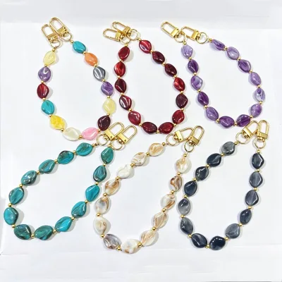 Irregular Marble Resin Beaded Chain Keychain Bag Strap Gradient Dyed Pendant Fashion Handbag Purse Charm Decorative Accessory
