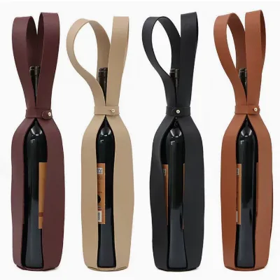 Custom Logo PU Leather Wine Tote Reusable Durable Single Bottle Carrier Champagne Beer Gift Promotional Portable