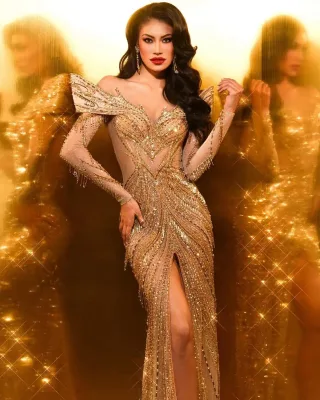 Gold Prom Dress Crystal Tassel Long Sleeve Sweetheart Beauty Pageant 2026 Beading Customized Evening Dress