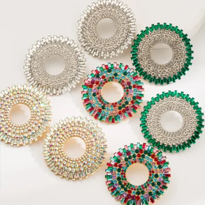 BOYI High Quality Colored Diamond Round Inlaid Rhinestone Sunflower Large Circle Earrings