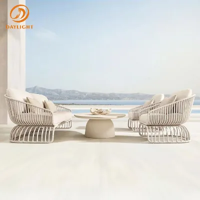 Luxury Rope Woven Outdoor Lounge Set Cream All Weather Cushions Modern Coastal Patio Furniture for Villa Resort Seaside