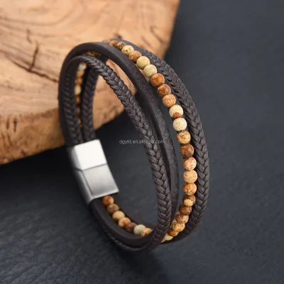 Hot Sale Retro Fashion Men's Bracelet Leather Bead Magnetic Buckle Casual Bangles for Men Custom Son Dad Husband Boyfriend Gift