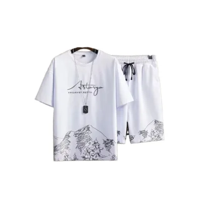 Men's Casual Spring Summer Youth Fashion Popular New Ice Silk Leisure Two-Piece Set Short-Sleeved Shorts Loose T-Shirt Versatile