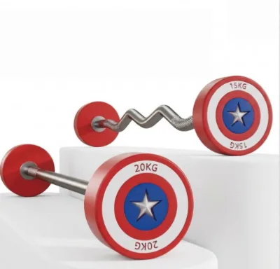 Captain-America-styled Red Rubber-coated Cast-iron Straight and Curl Barbells