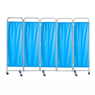 Five Panel Stainless Steel Hospital Privacy Screen with Thick Curtain Foldable Frame and Locking Casters for Clinic Ward