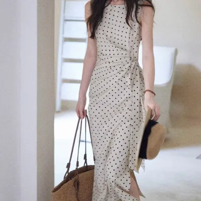 Sophisticated and Elegant Polka Dot Dress Side-cinched Waist Linen Cotton French Style Long Skirt