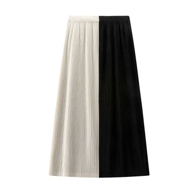 Pleated Half-body Skirt-High Waist Elegant Design Versatile High Waist Black and White Splicing Commuter Pleated Skirt