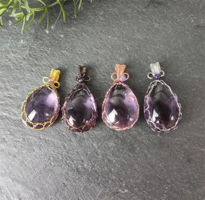 Factory Direct Sale Hand Wire Retro Gemstone Pendant High Quality Handmade Jewelry Natural Stone Water Drop Amethyst Pendant