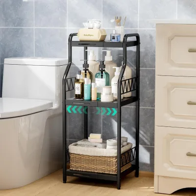 3-Tier Expandable Black Metal Free-Standing Modern Space-Saving Bathroom Shelf Unit Narrow Open Floor Rack for Kitchen Hotel