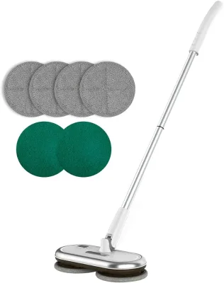 Electric Mop With Motorized Dual Spinning Mopheads, Lightweight & Rechargeable,4 Microfiber Pads & 2 Floor Scrubber Pads, Clean
